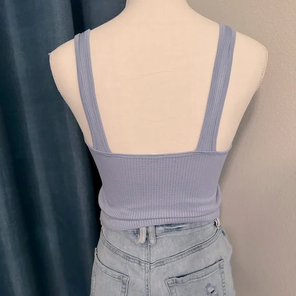 Blue Stretchy Ribbed Crew Neck Crop Top Tank Sleeveless Size S/M - Picture 5 of 6